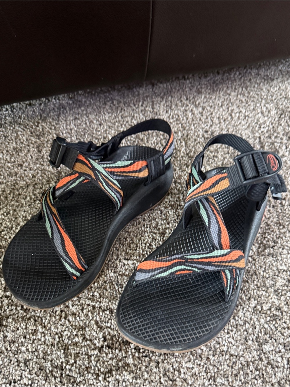 Women’s Chaco Cloud Black Sandals with Orange and green Accent Straps size 7